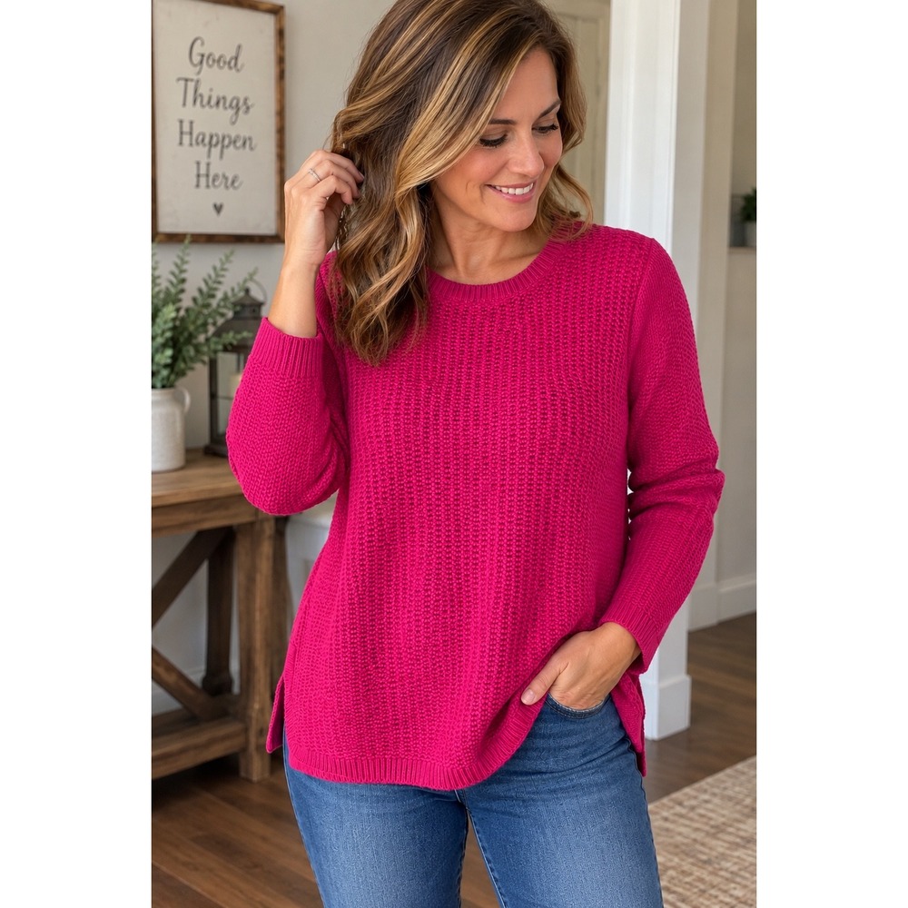 J. Jill Women S Dark Pink Shaker Knit Cotton Blend Long Sleeve Crew Sweater